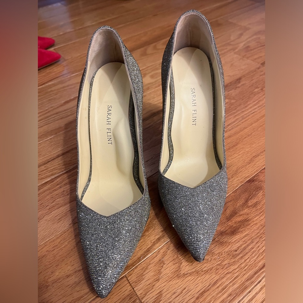 Sarah Flint Perfect Pump 100 Gunmetal Lamé Silver Gold Glitter Cocktail SZ 9